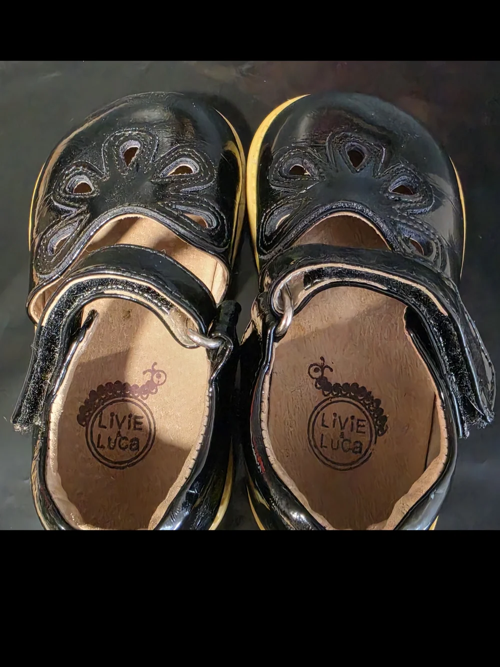 Livie & Luca Black Patent Leather Floral Cutout Mary Jane Shoes Girl's Size 7